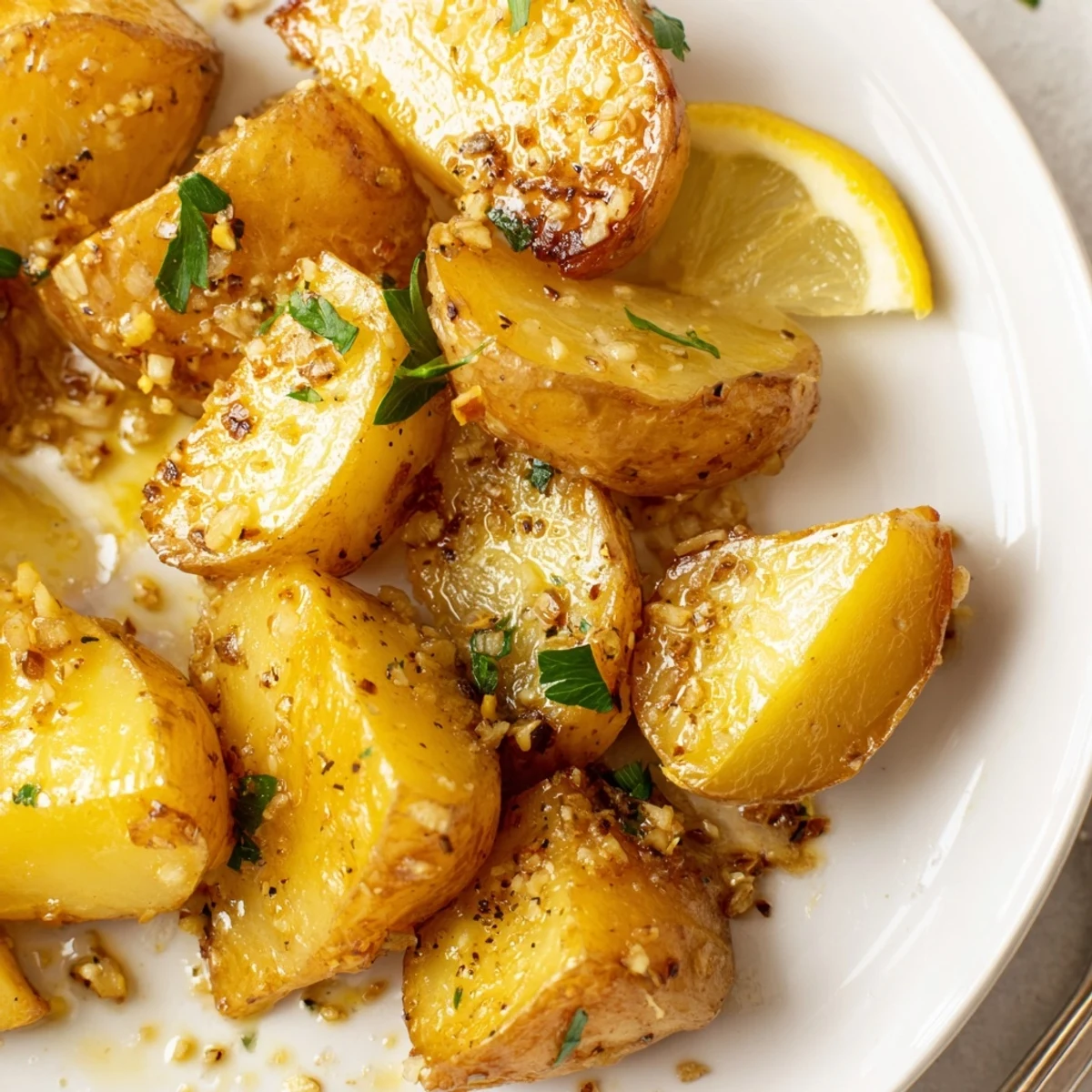 Roasted Authentic Greek Lemon Potatoes Recipe served steaming with parsley and lemon wedges