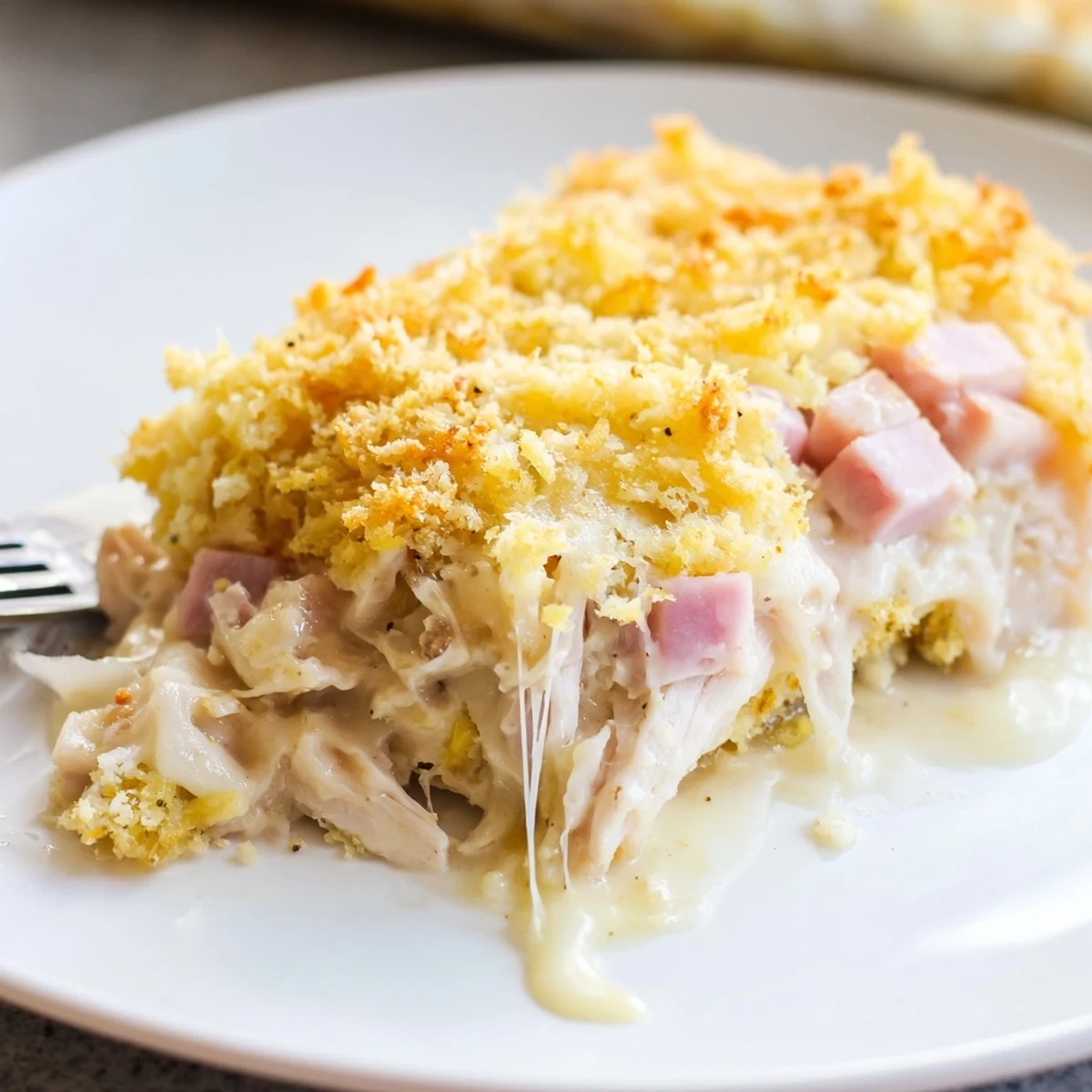 Golden-browned Chicken Cordon Bleu Casserole bubbling with melted Swiss cheese