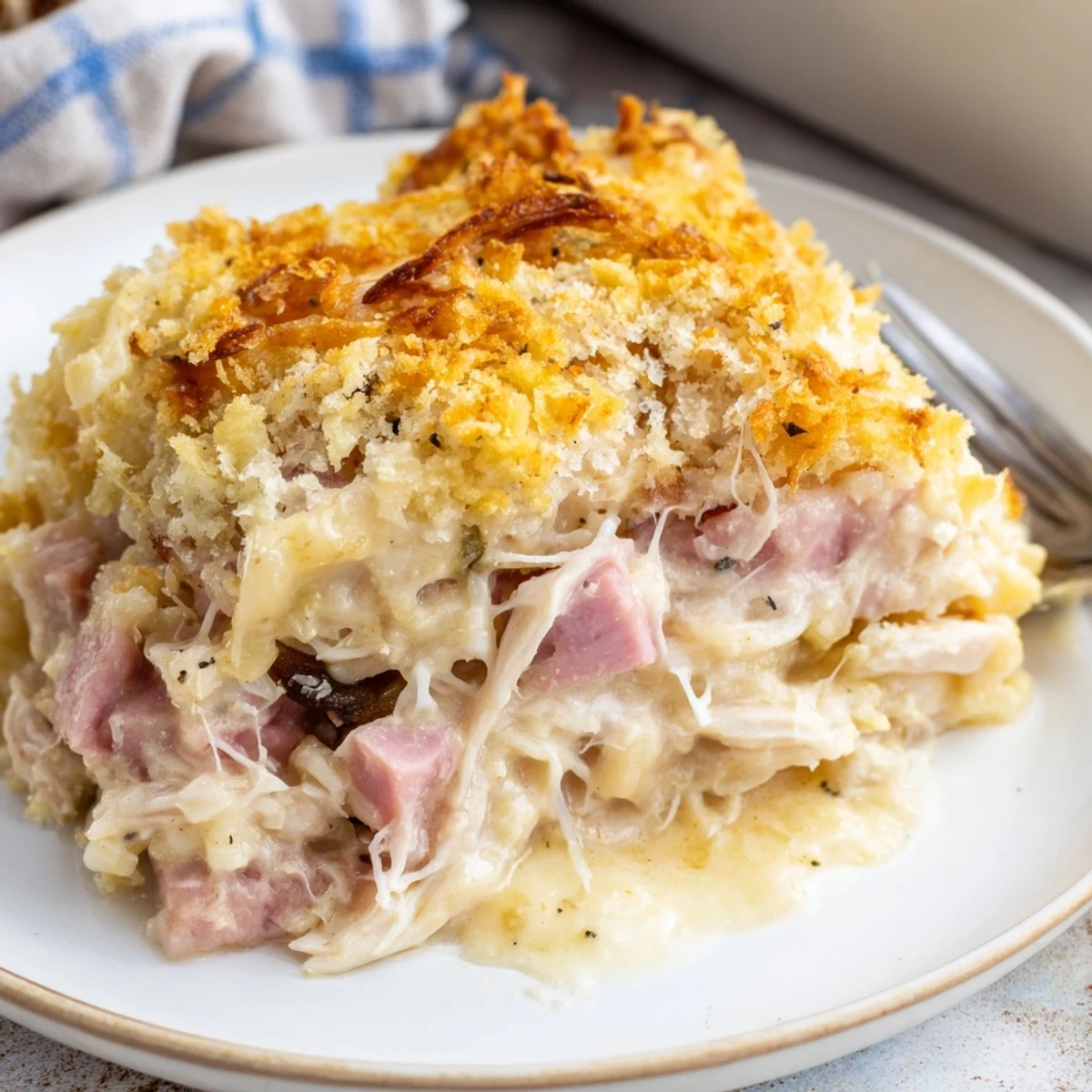 Creamy Dijon sauce coated Chicken Cordon Bleu Casserole with crispy Parmesan topping