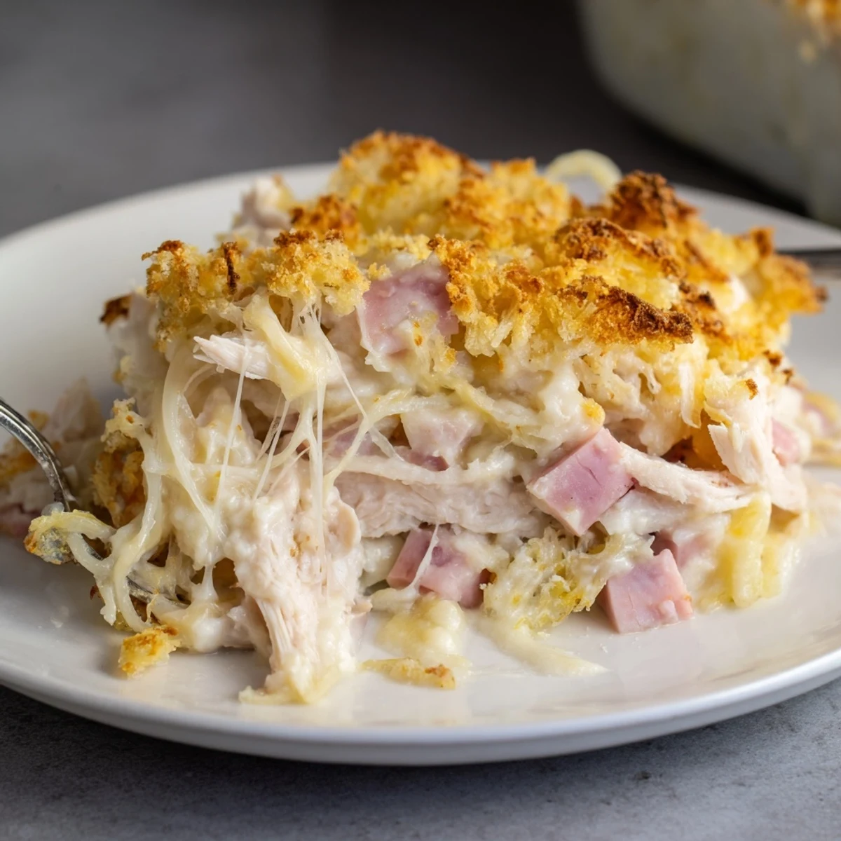 Sliced ham and shredded chicken layered in Chicken Cordon Bleu Casserole, paired with salad