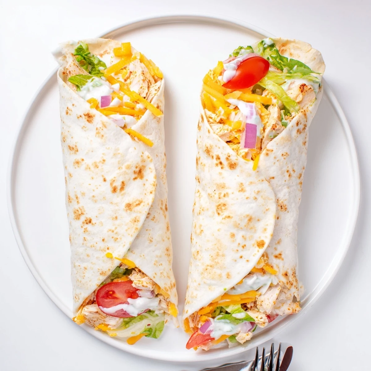 Warm Cheesy Garlic Chicken Wraps with crisp lettuce, juicy tomato, and sauce