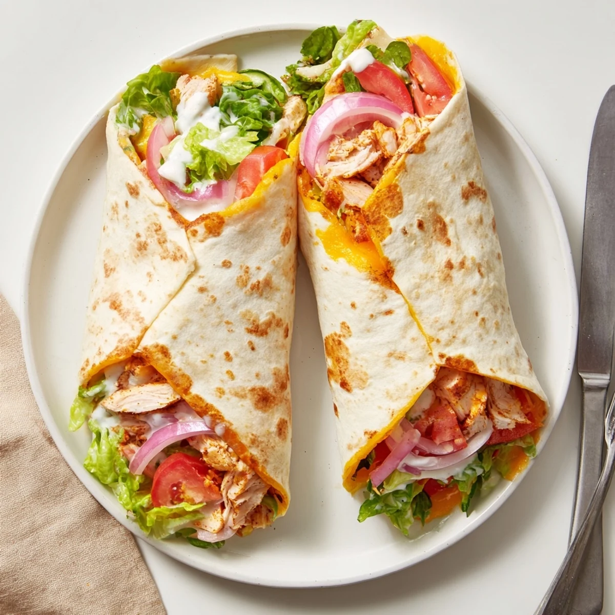 Cheesy Garlic Chicken Wraps sliced in half, gooey cheese and warm tortilla