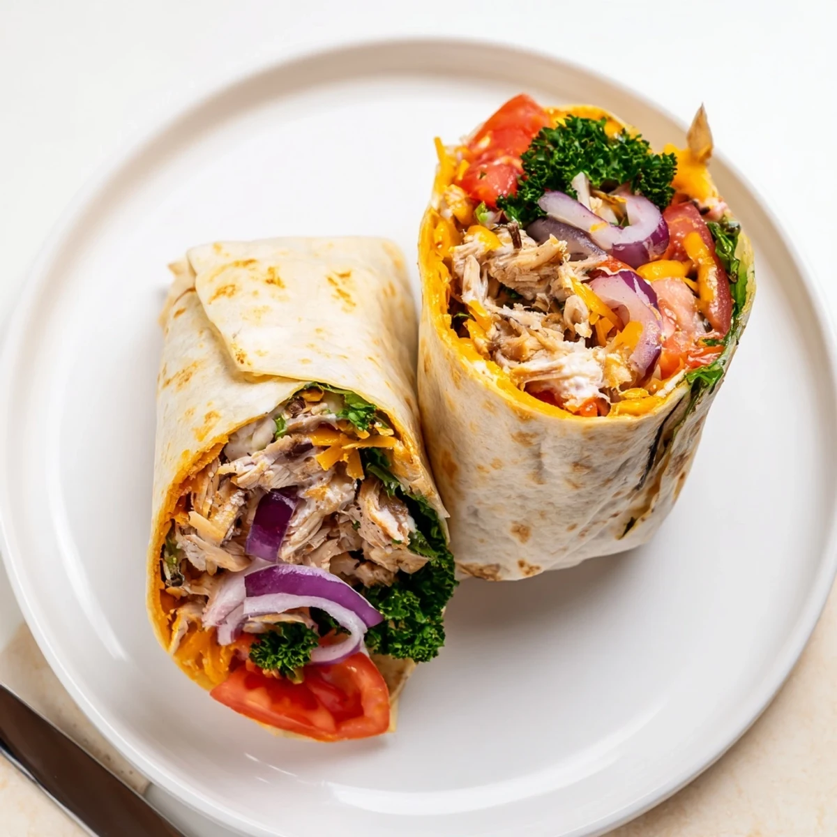 Pan-seared Cheesy Garlic Chicken Wraps served hot, melting cheese and tangy drizzle
