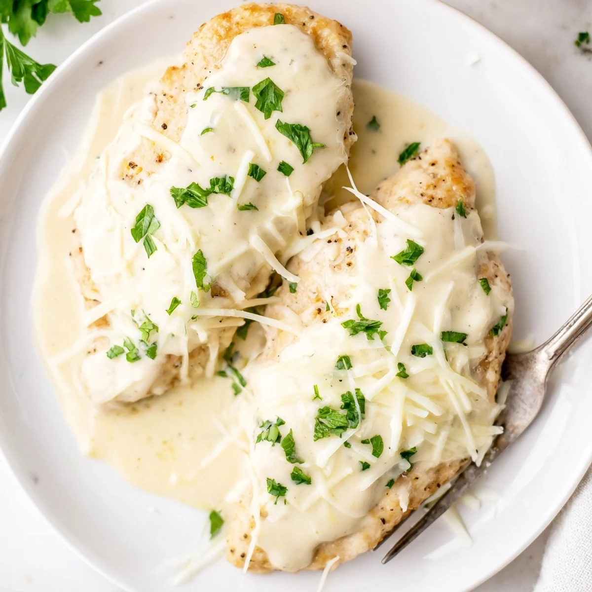 Caesar Chicken Recipe: creamy baked breasts topped with golden parmesan and parsley