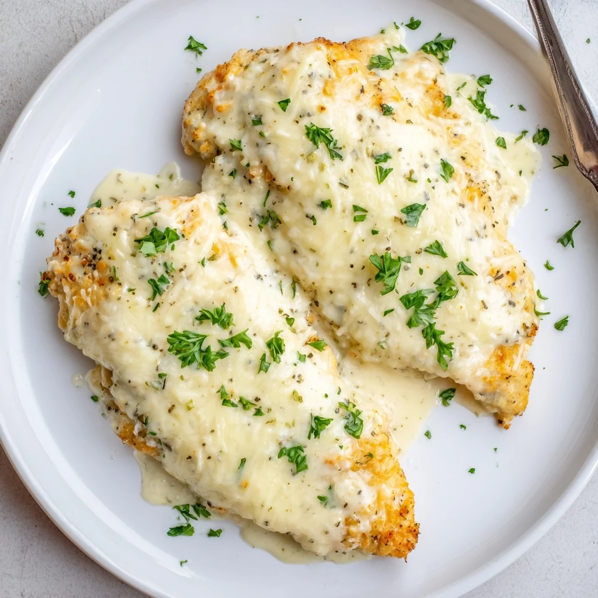 Weeknight Caesar Chicken Recipe baked until juicy, sprinkled with fresh parsley and parmesan