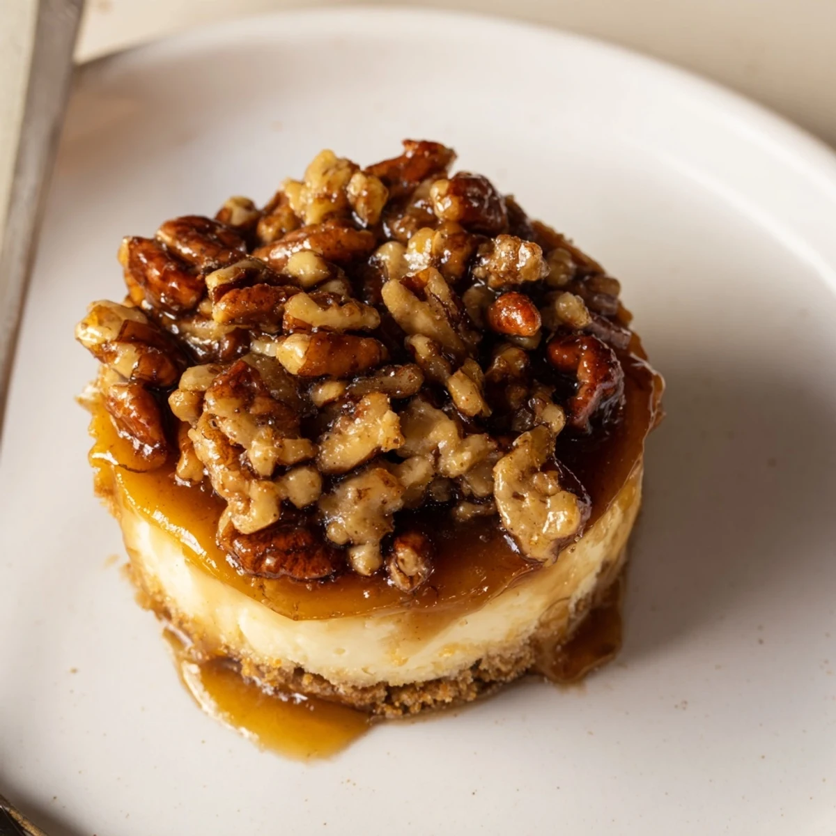 Mini Pecan Pie Cheesecakes with glossy pecan topping and buttery graham crust