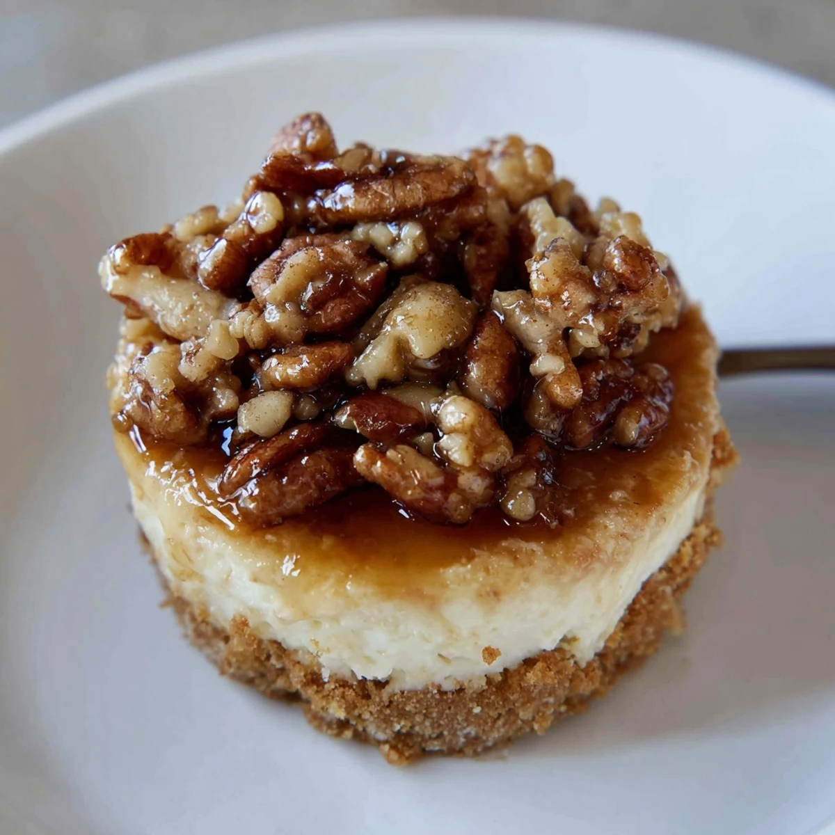 Caramel drizzled Mini Pecan Pie Cheesecakes with velvety filling and crunchy pecans