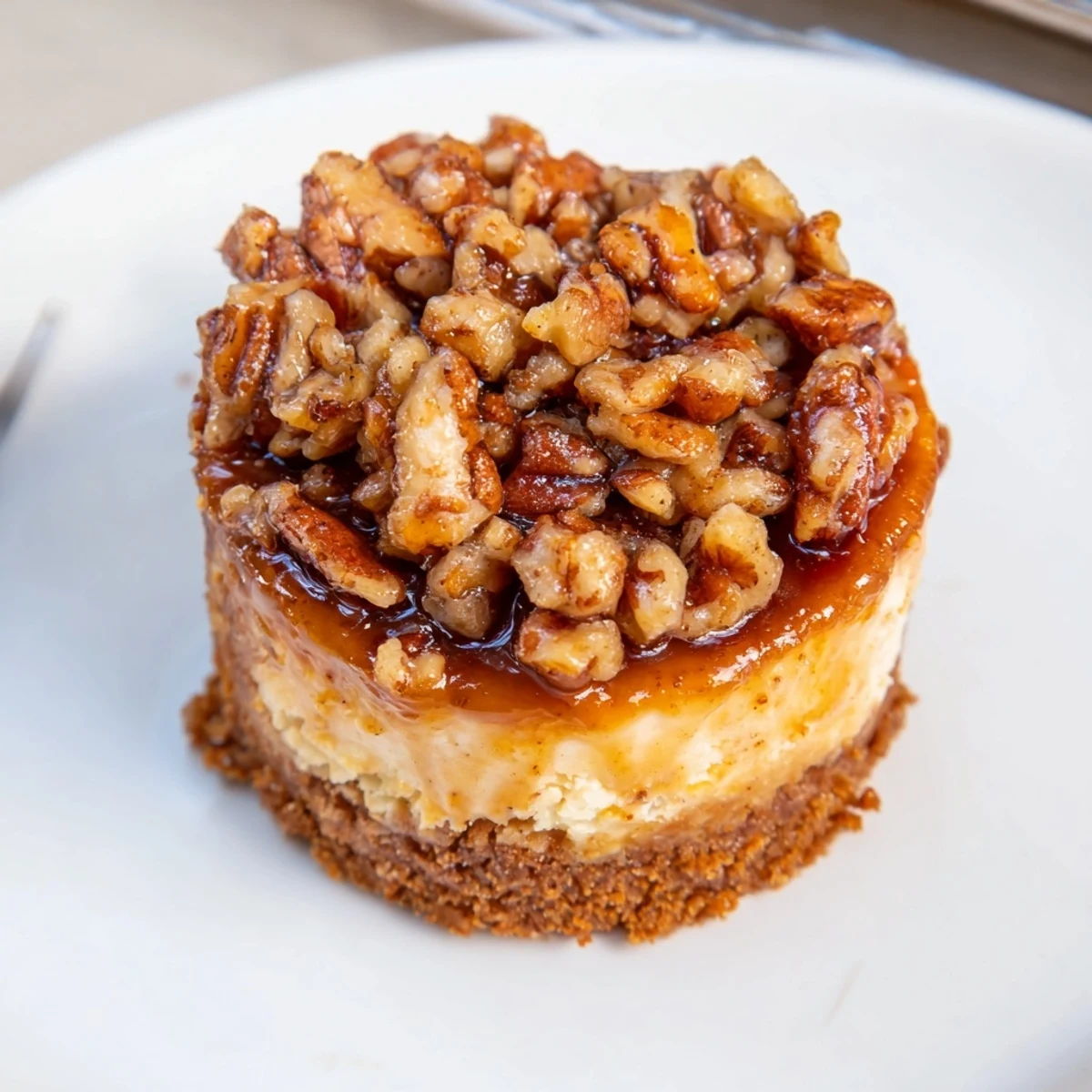Freshly chilled Mini Pecan Pie Cheesecakes garnished with whipped cream and cinnamon