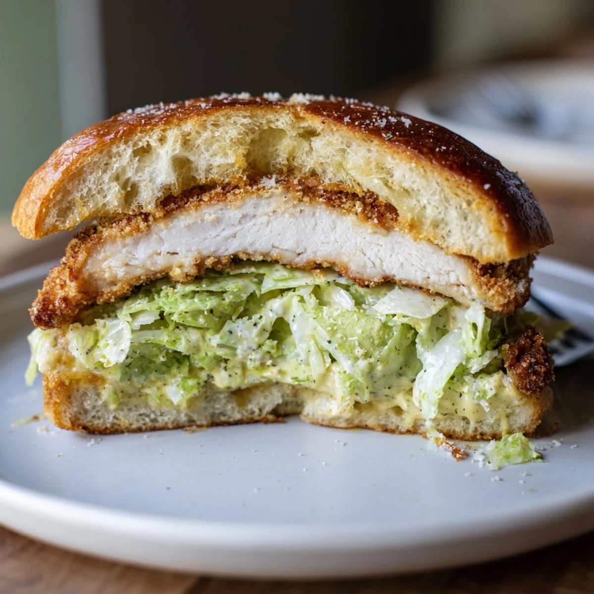 Crispy Chicken Caesar Sandwich Recipe on toasted brioche, golden fried chicken, crisp romaine