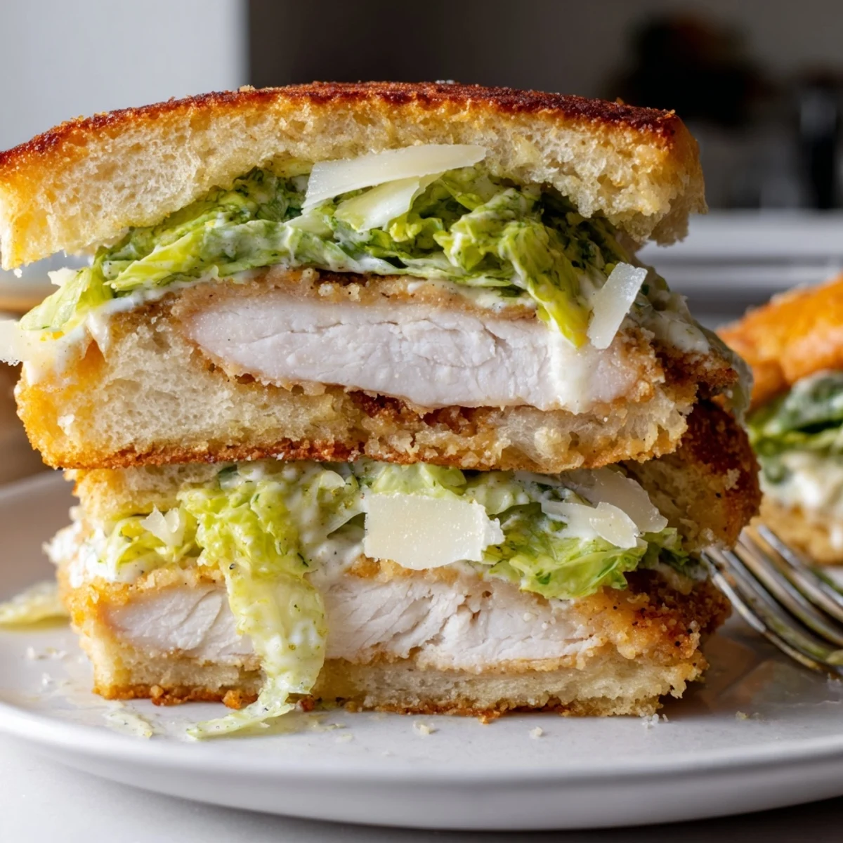 Photo of Crispy Chicken Caesar Sandwich Recipe plated with lemon wedges, creamy dressing