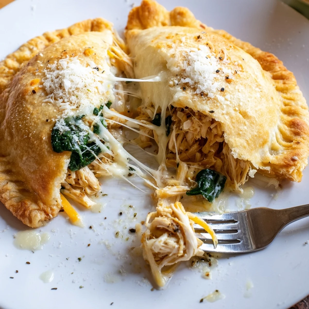 Air-fryer crisped Crispy Cheesy Chicken Alfredo Air Fryer Calzones served with marinara.