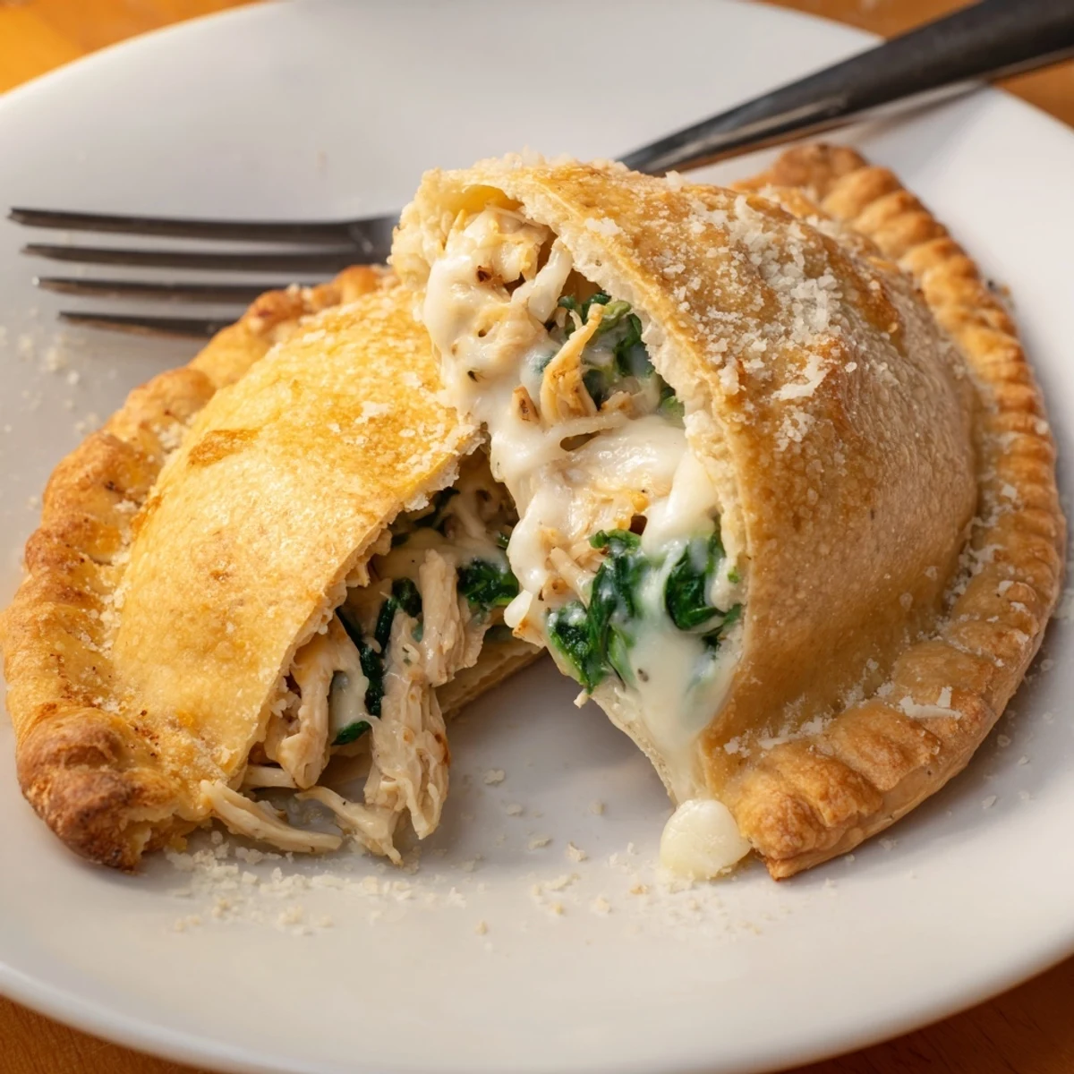 Handheld Crispy Cheesy Chicken Alfredo Air Fryer Calzones oozing warm creamy sauce.