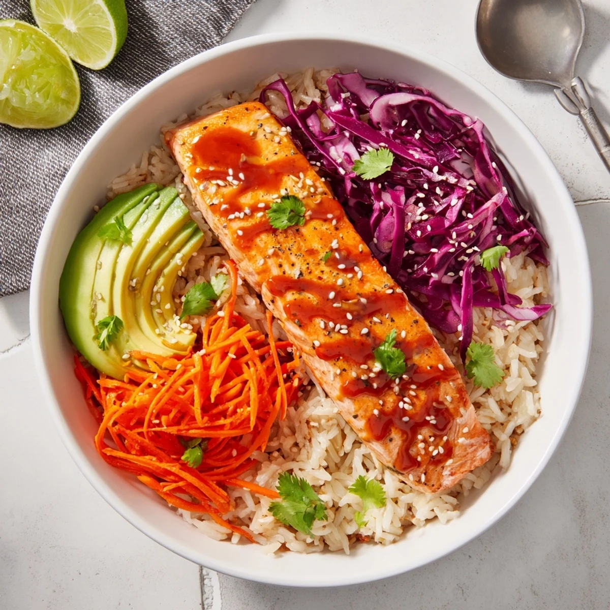 Colorful Bang Bang Salmon Bowls garnished with avocado slices, sesame, cilantro