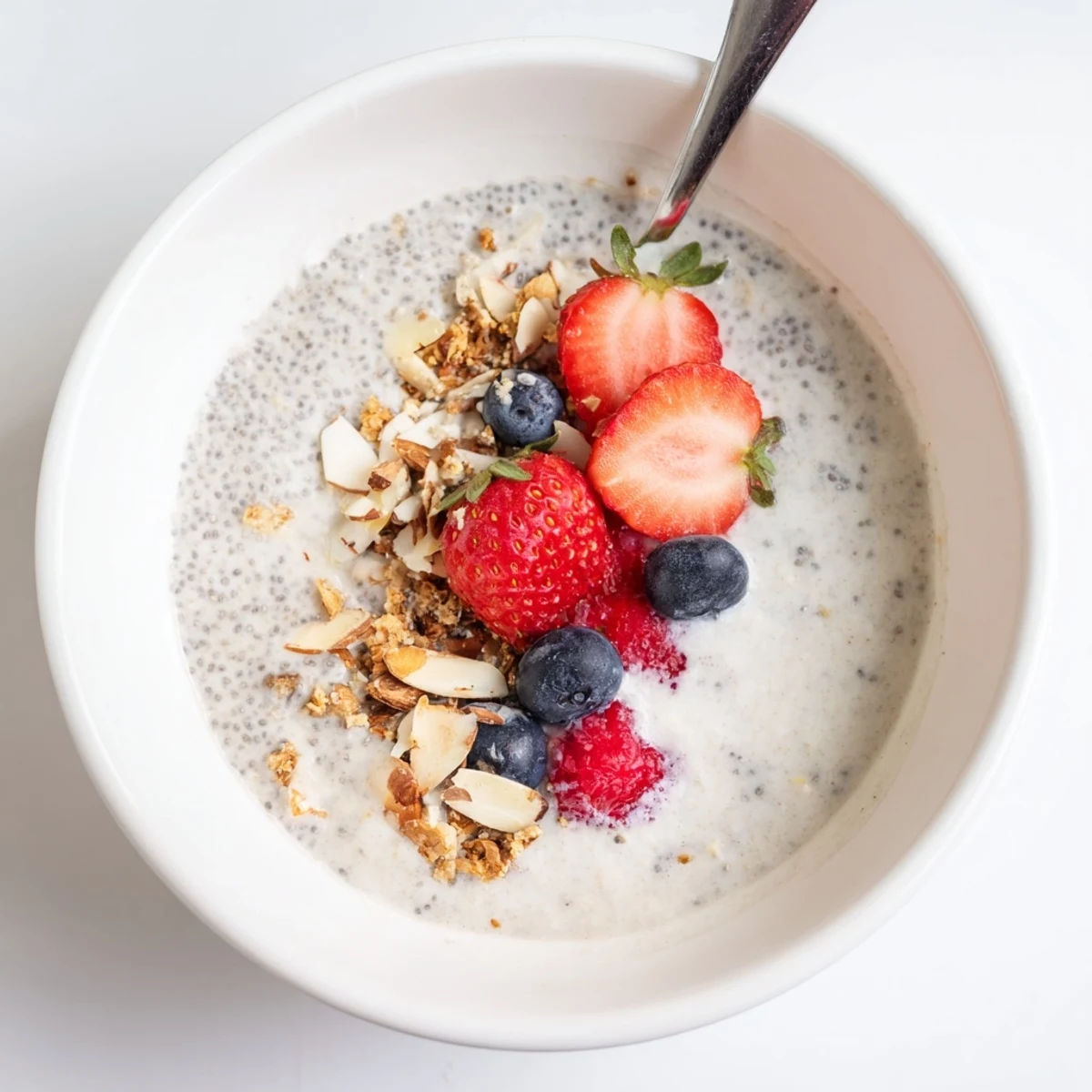 Healthy Coconut Cream Overnight Oats topped with fresh berries and toasted coconut flakes