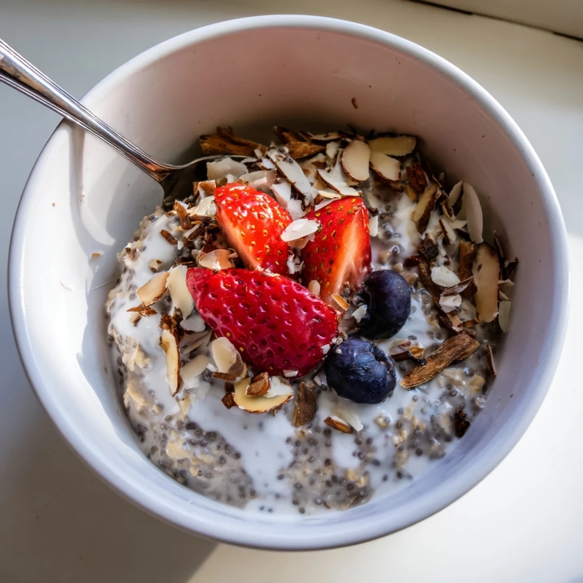 Make-ahead Healthy Coconut Cream Overnight Oats with chia seeds, toasted nuts and berries