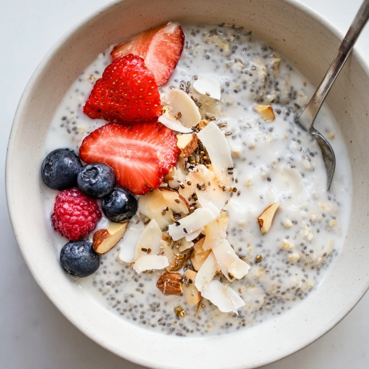 Smooth Healthy Coconut Cream Overnight Oats chilled in glass jars, drizzled with maple