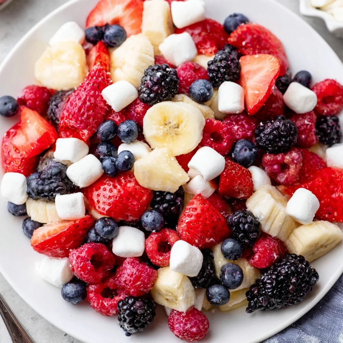 Chilled Red White And Blue Fruit Salad with honey-lime dressing and mint.
