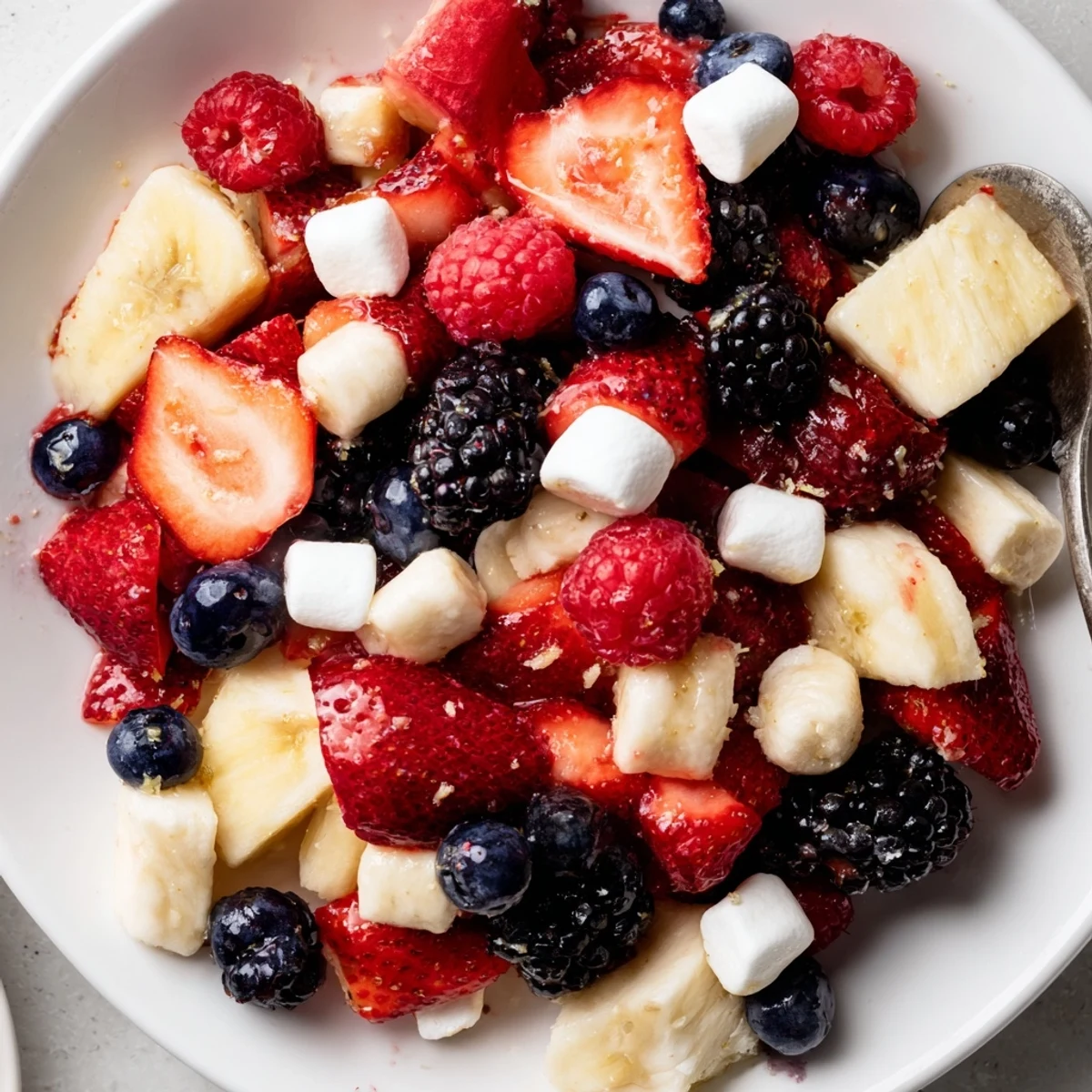 Hand-tossed Red White And Blue Fruit Salad showing vibrant colors, marshmallow accents.
