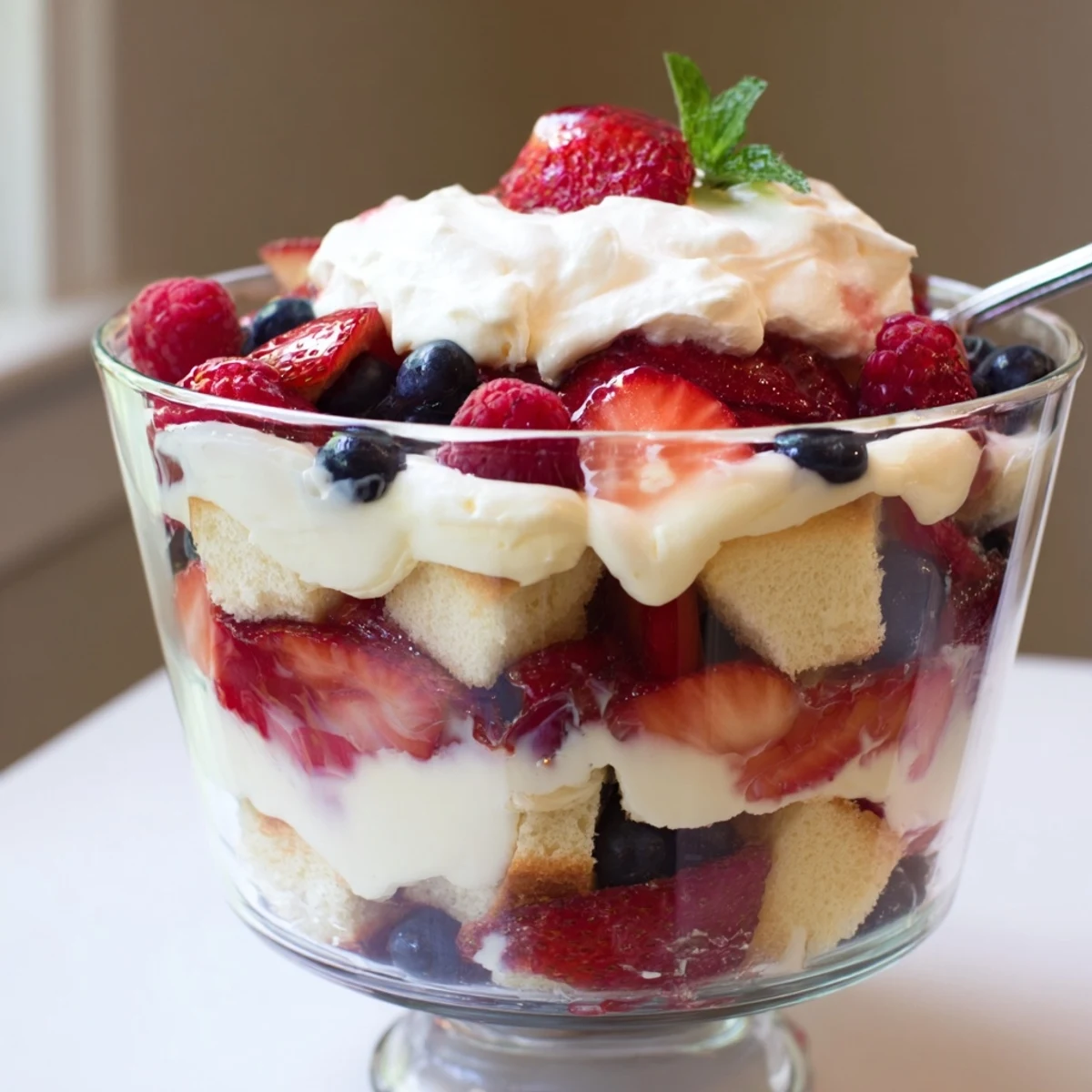 Berry Vanilla Cream Trifle glistening with macerated berries and whipped mascarpone