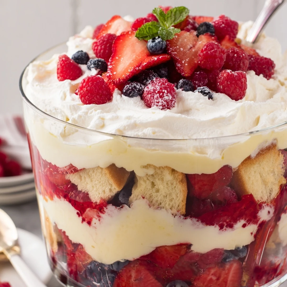 Chilled Berry Vanilla Cream Trifle layered with sponge cake, vanilla custard, juicy berries