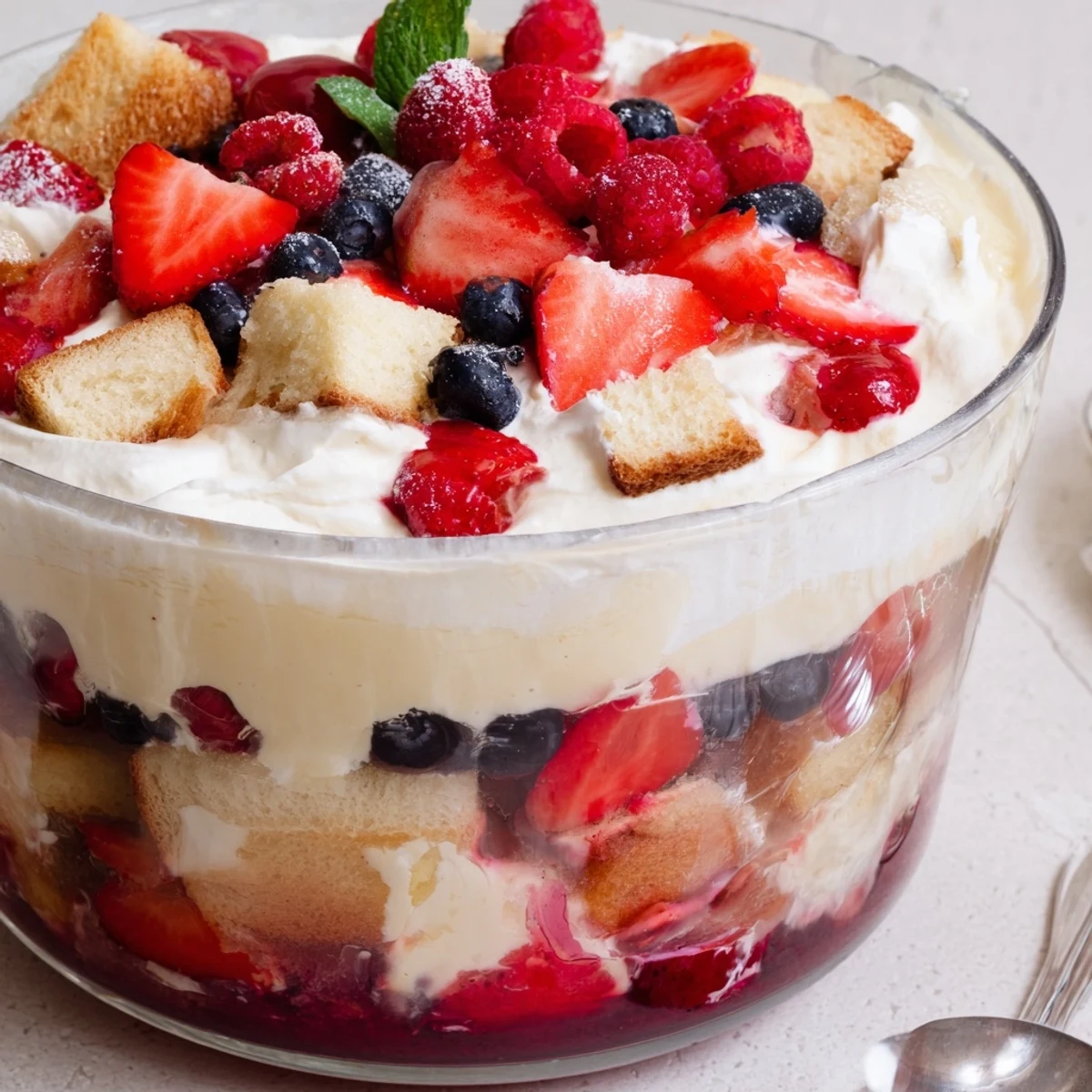 Berry Vanilla Cream Trifle served in a glass bowl, garnished with fresh mint