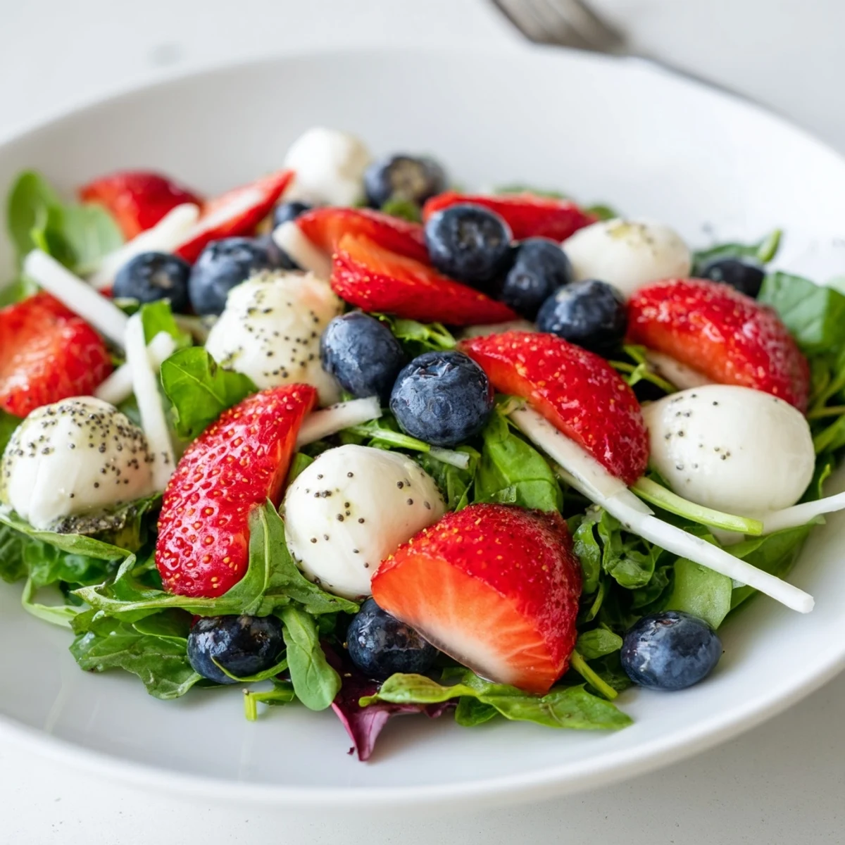 4th Of July Salad with juicy strawberries, blueberries, and creamy mozzarella.