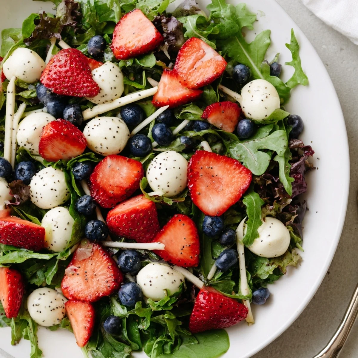 Chilled 4th Of July Salad tossed in tangy poppy seed dressing for picnics