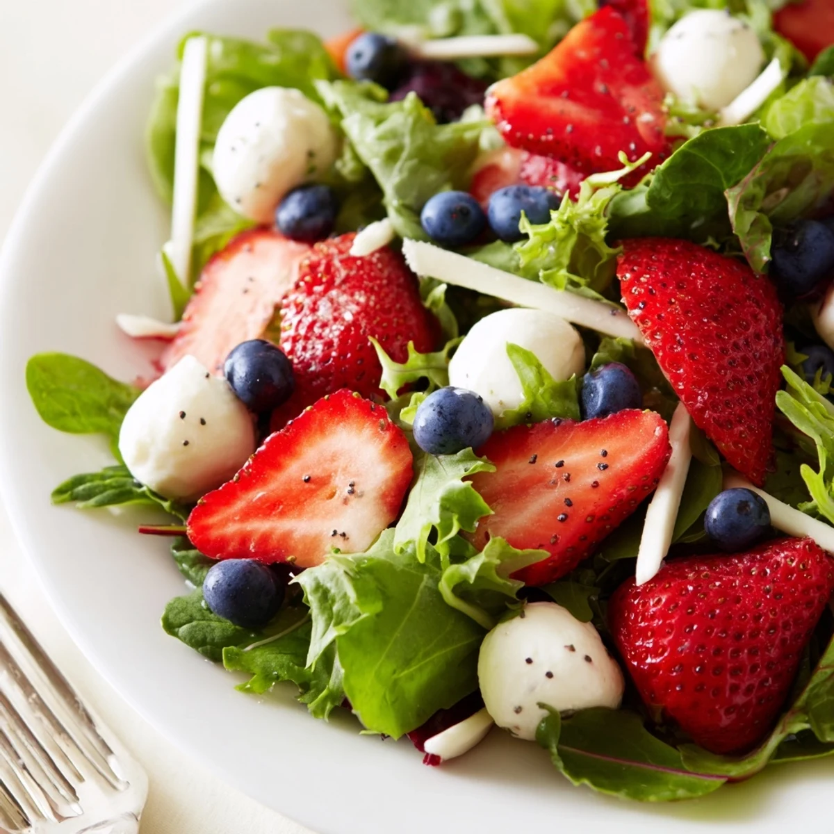Festive 4th Of July Salad layered on platter with crisp jicama crunch.