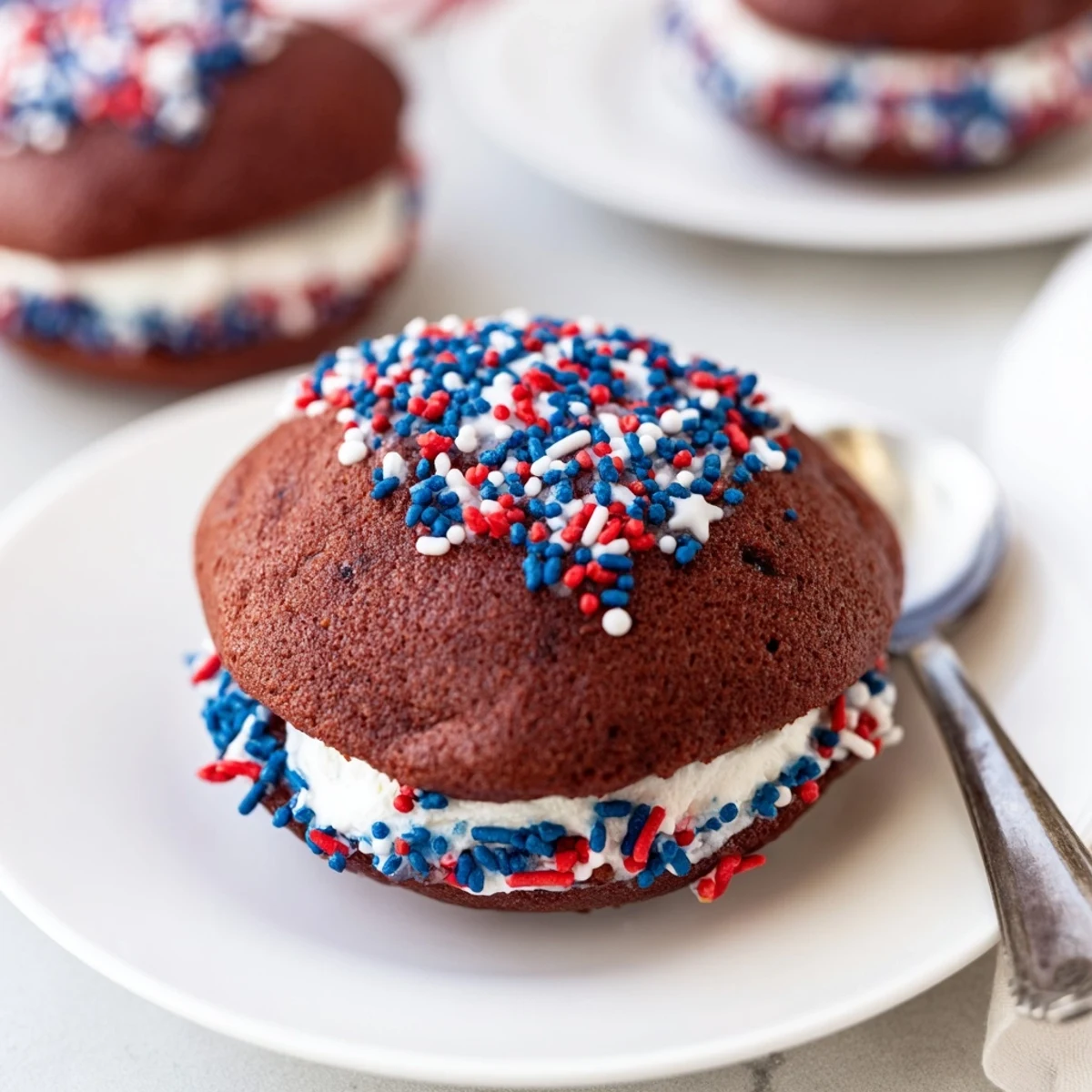 Cooling rack holds Patriotic Whoopie Pies dotted with red, white, and blue sprinkles