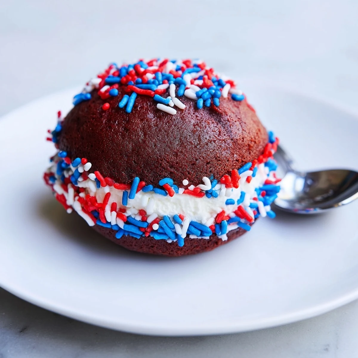 Patriotic Whoopie Pies stacked on cooling rack, soft chocolate cakes with frosting