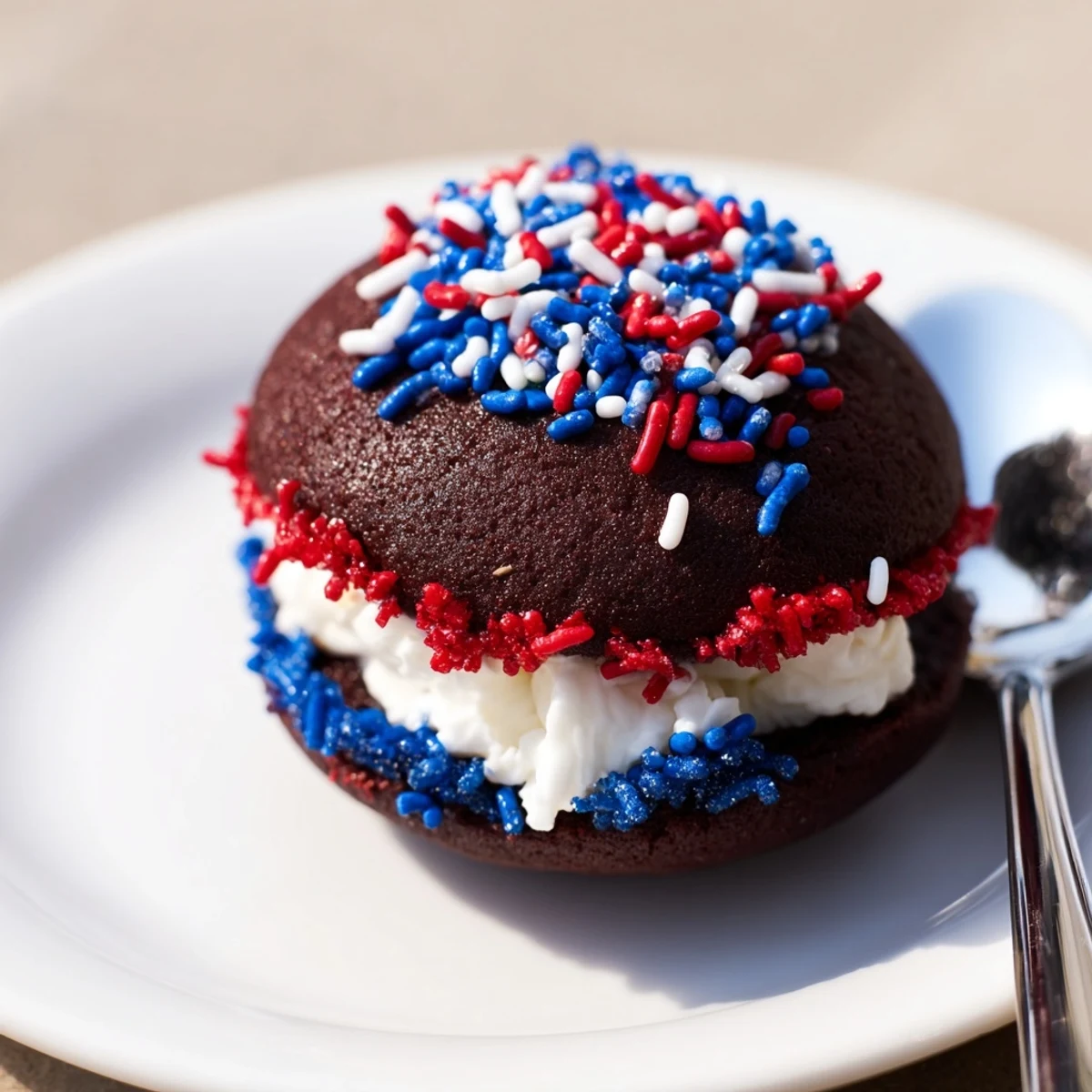 Picnic plate of Patriotic Whoopie Pies, creamy red white and blue filling peeking
