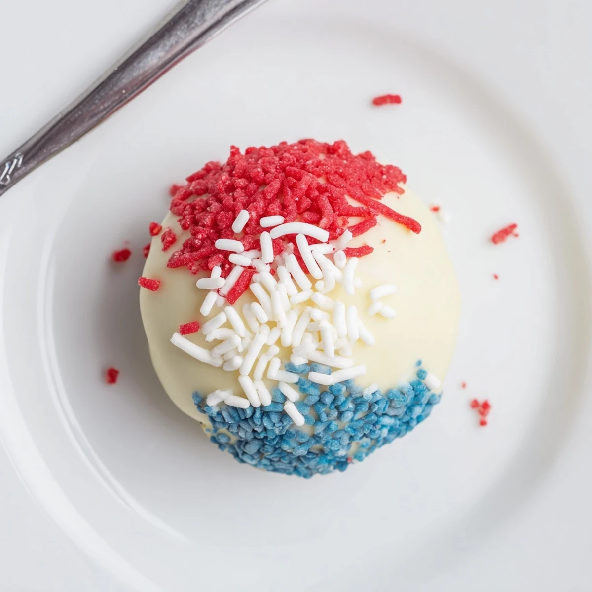 Fourth of July truffles: creamy white chocolate spheres topped with red, blue sprinkles