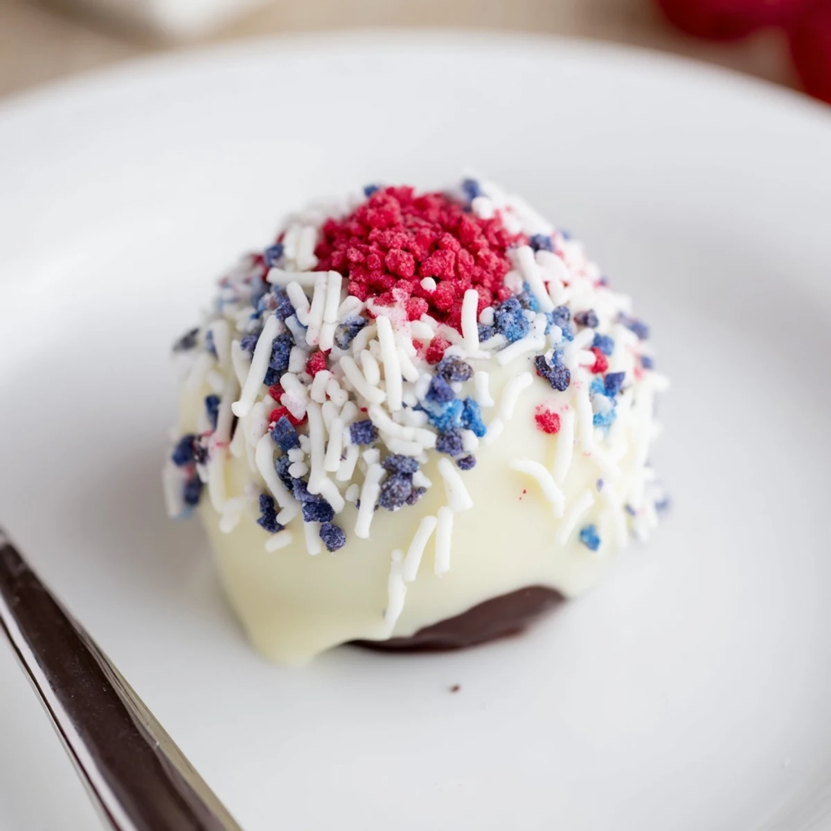 Plated Fourth of July truffles served chilled, vanilla cream and berry bursts