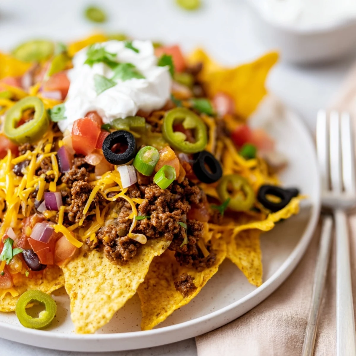 Cheesy Nacho Casserole bubbling golden, layered chips and seasoned beef