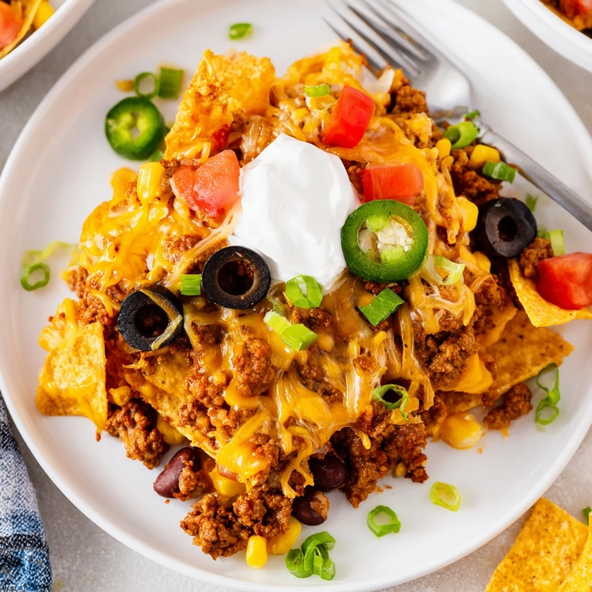 Family-style Cheesy Nacho Casserole with crunchy chips, gooey cheese, perfect for game night
