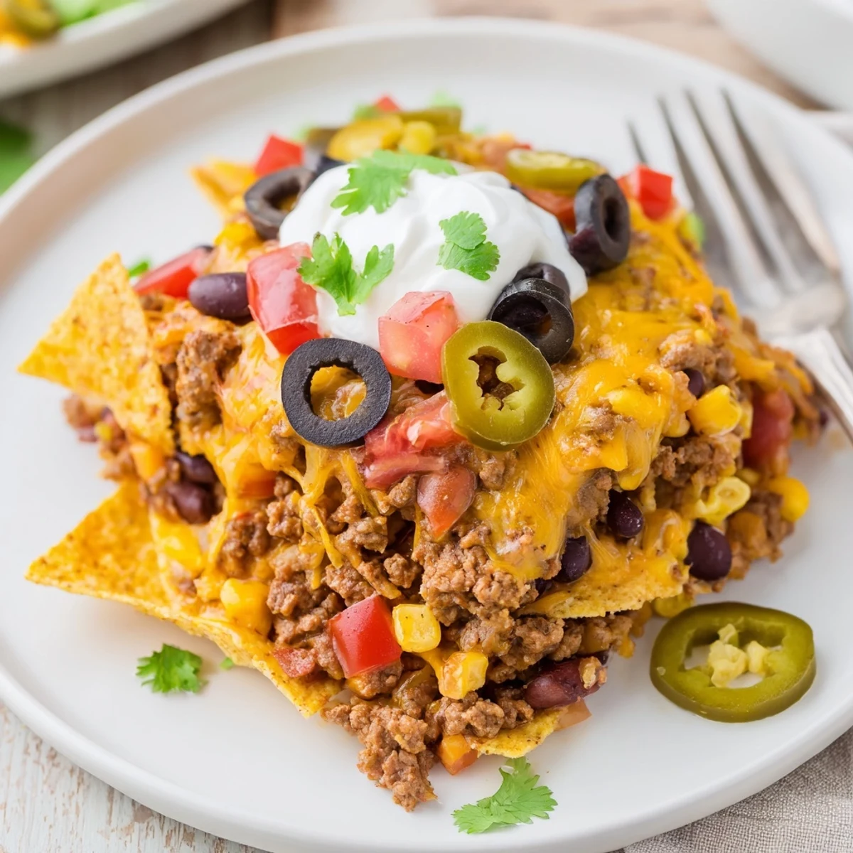 Warm Cheesy Nacho Casserole topped with cilantro, jalapeños, sour cream