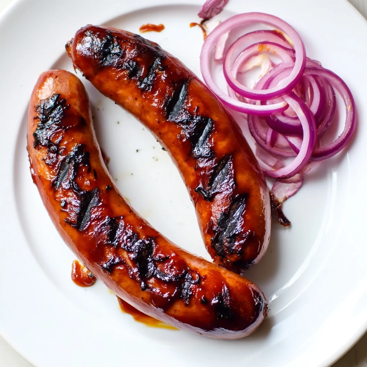 BBQ Sausage Recipe: grilled sausages glazed with tangy sauce, buns steaming