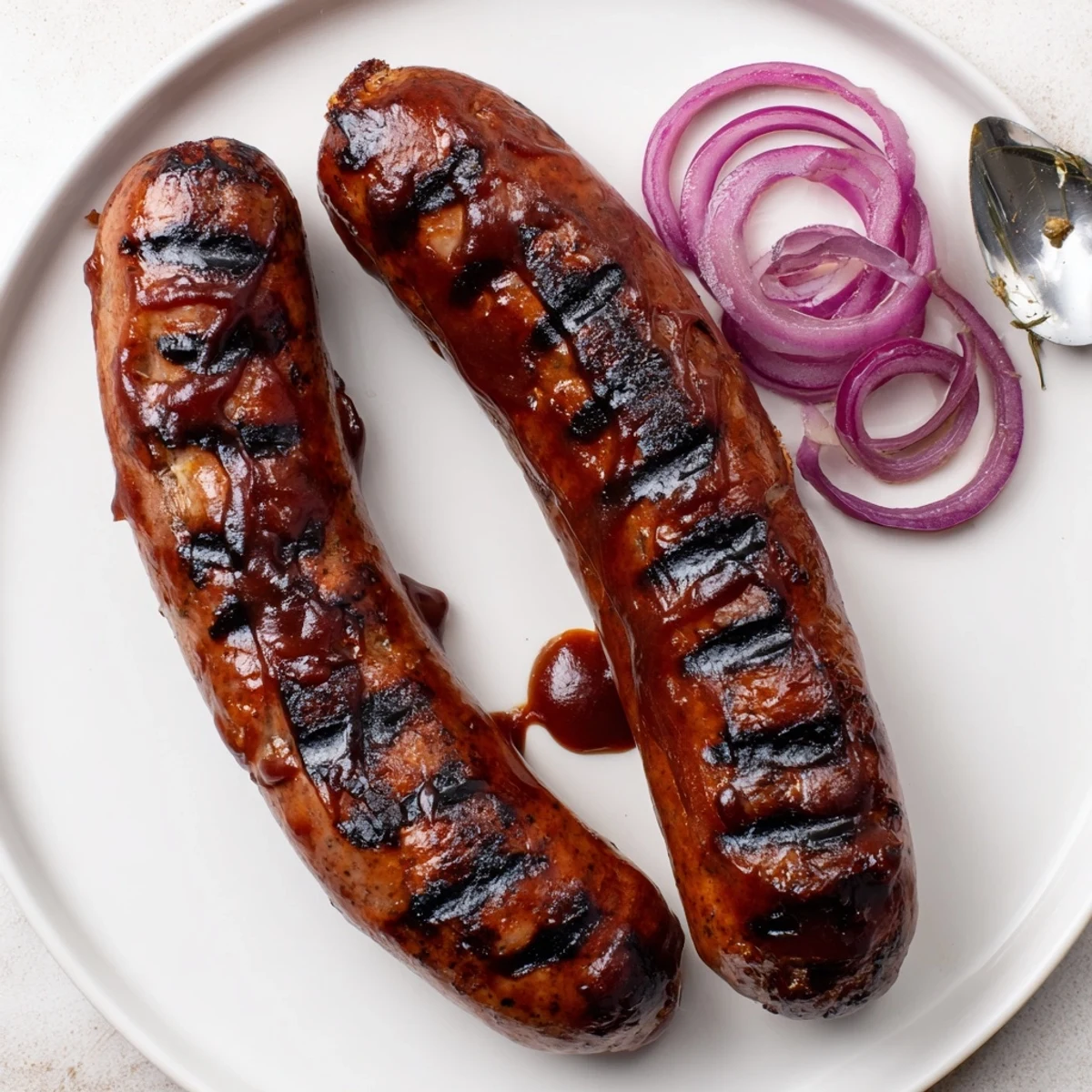 Golden brown BBQ Sausage Recipe served with crunchy pickles and creamy coleslaw