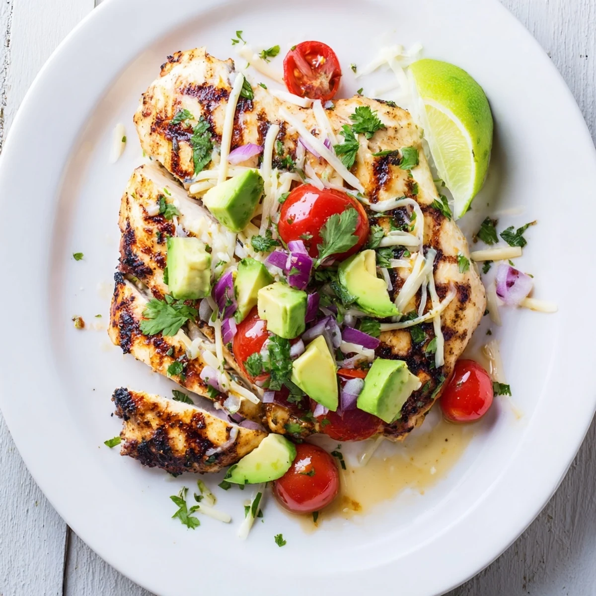 Marinated Fiesta Lime Chicken With Avocado plated beside creamy tomato-cilantro relish