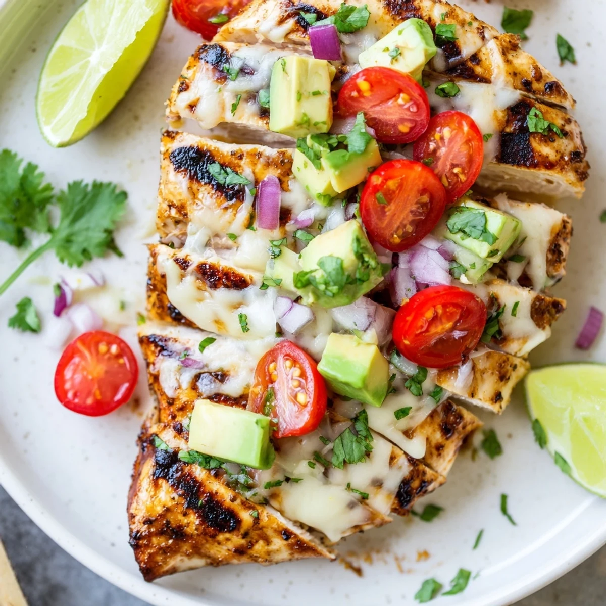 Sizzling Fiesta Lime Chicken With Avocado finished with melted cheese and lime wedges