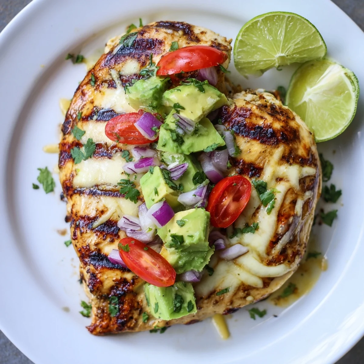 Grilled Fiesta Lime Chicken With Avocado topped with fresh cilantro and lime