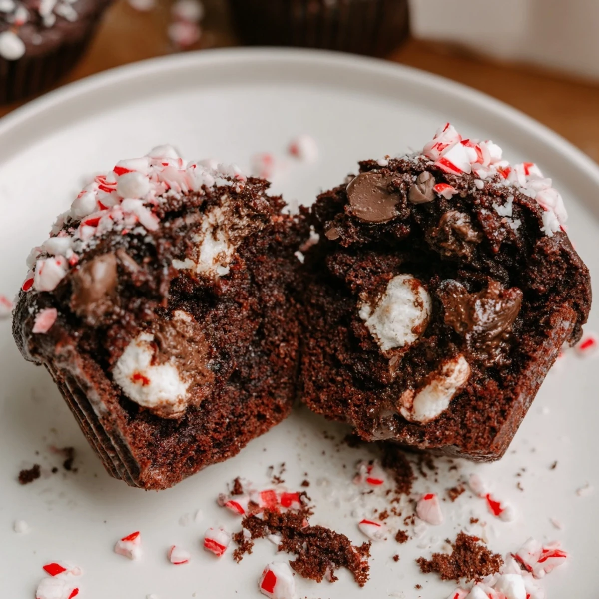 Stacked Peppermint Hot Chocolate Muffins beside steaming mug for cozy dessert.