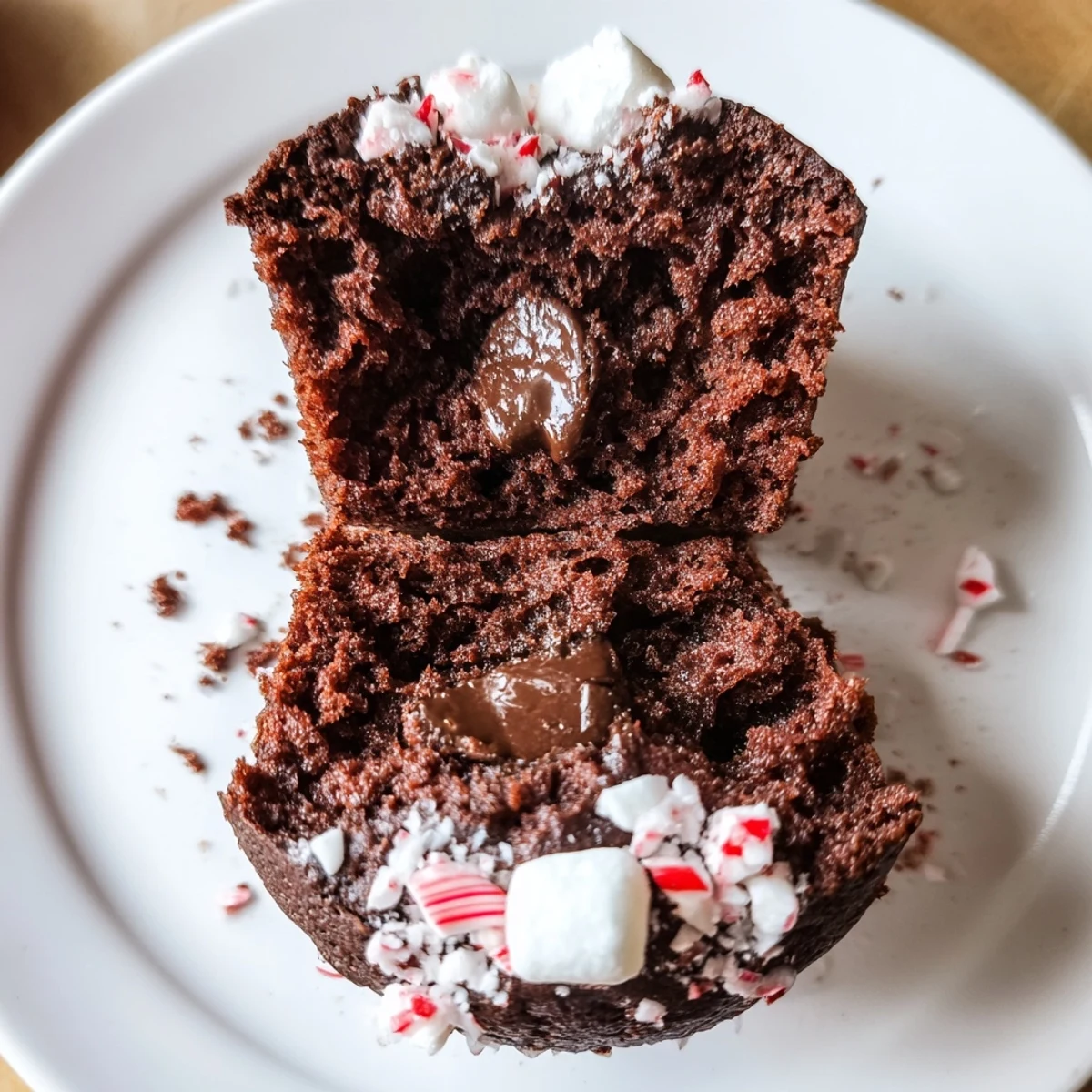 Peppermint Hot Chocolate Muffins warm from oven, chocolate chips melting, crushed peppermint.
