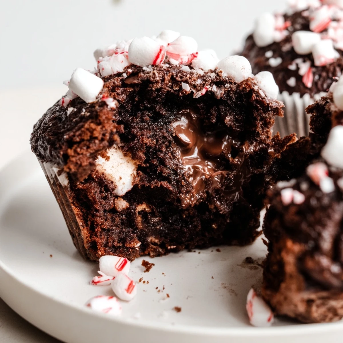 Close-up of Peppermint Hot Chocolate Muffins showing gooey centers and speckled candy.