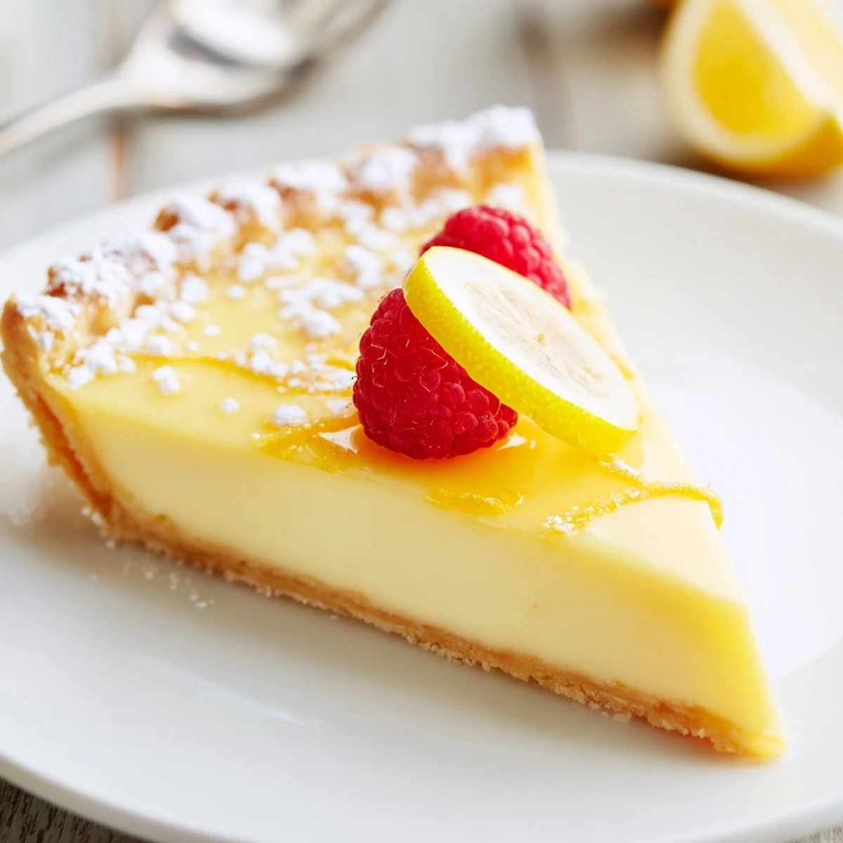 Creamy Lemon Tart with glossy yellow filling, crisp golden crust, powdered sugar