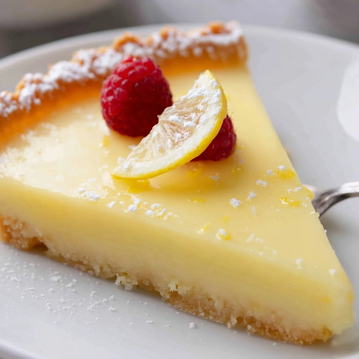 A fork-ready Creamy Lemon Tart showing silky, tangy custard and buttery crust