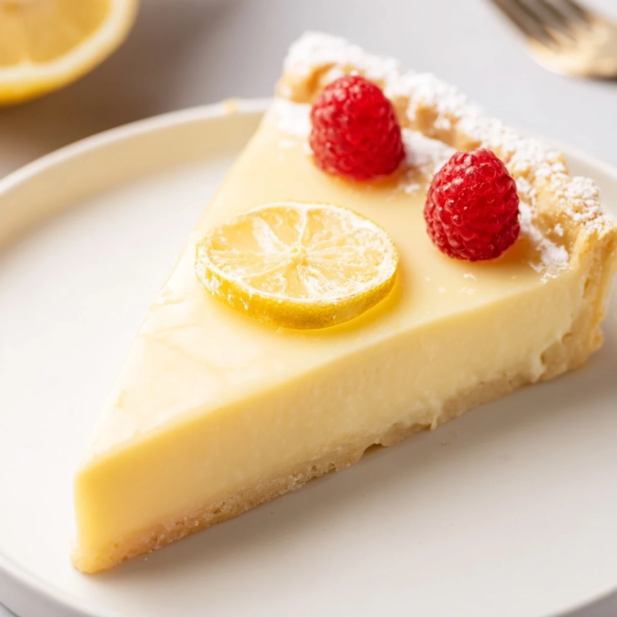 Sliced Creamy Lemon Tart chilled on a plate, topped with fresh berries