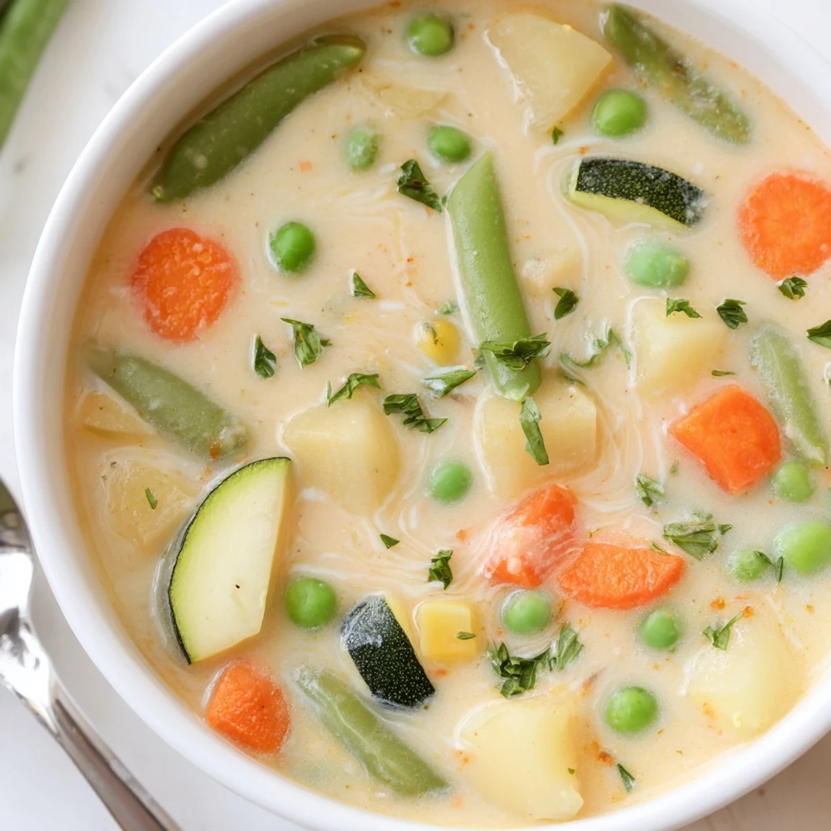 Homestyle Creamy Vegetable Soup Recipe ladled over crusty bread, warm and savory.