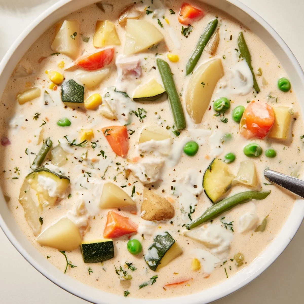 Served hot, Creamy Vegetable Soup Recipe with velvety cream and tender vegetables.