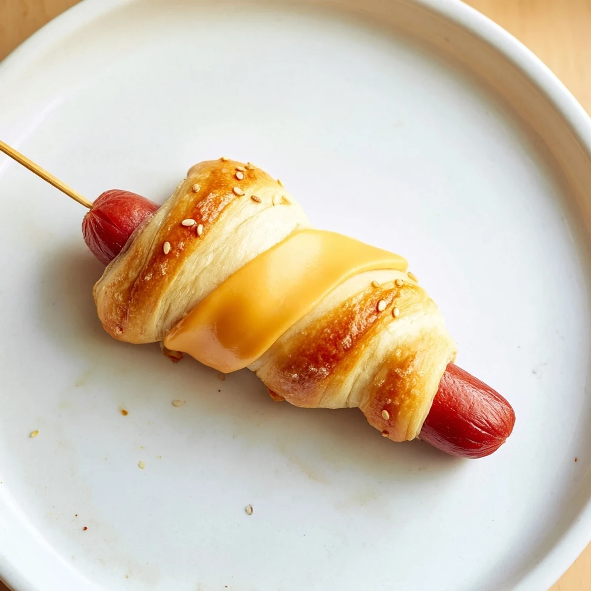 Warm Firecracker Hot Dogs on skewers, sesame-speckled, served with ketchup.